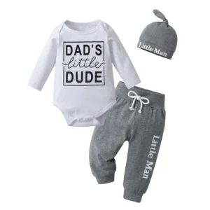 Baby Boy 3PCS Long Sleeve Letters Printed Bodysuit Top and Pants with Hat